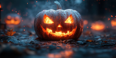 Abandoned scary house near the cemetery in the forest with pumpkins, a full moon, bats and fog. Pumpkins In Graveyard In The Spooky Night, Halloween Backdrop.の素材