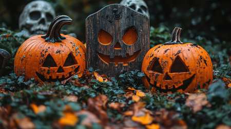 Halloween Party - Skeletons And Owl On Wooden Banner In Spooky Night At Moonlight.の素材