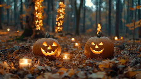 Halloween theme with pumpkins and dark forest. Scary Halloween design on table. Jack-o-lantern on the dark forest.の素材