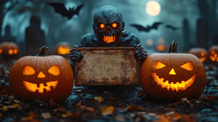 Pumpkin zombie with an empty wooden plaque Rising Out Of A Graveyard cemetery and church In Spooky scary dark Night full moon bats on tree. Holiday event halloween banner background concept.の素材
