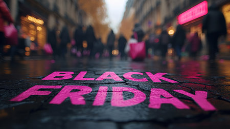 A close-up of a pink Black Friday inscription on the asphalt against a background of blurred people with colorful bags. The concept of discounts and sales.の素材