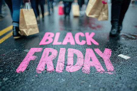 A close-up of a pink Black Friday inscription on the asphalt against a background of blurred people with colorful bags. The concept of discounts and sales.の素材