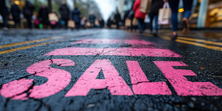 A close-up of a pink Sale inscription on the asphalt against a background of blurred people with colorful bags. The concept of discounts and sales.の素材