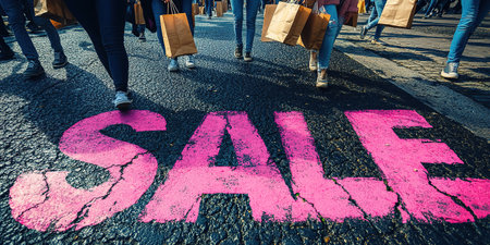A close-up of a pink Sale inscription on the asphalt against a background of blurred people with colorful bags. The concept of discounts and sales.の素材