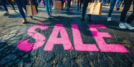 A close-up of a pink Sale inscription on the asphalt against a background of blurred people with colorful bags. The concept of discounts and sales.の素材