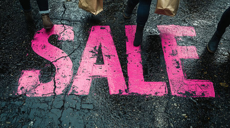 A close-up of a pink Sale inscription on the asphalt against a background of blurred people with colorful bags. The concept of discounts and sales.の素材