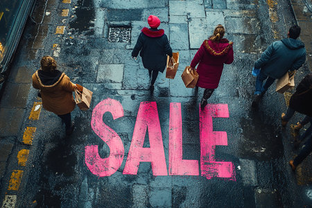 A close-up of a pink Sale inscription on the asphalt against a background of blurred people with colorful bags. The concept of discounts and sales.の素材