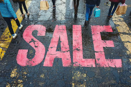 A close-up of a pink Sale inscription on the asphalt against a background of blurred people with colorful bags. The concept of discounts and sales.の素材