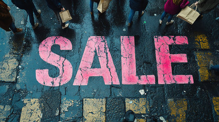 A close-up of a pink Sale inscription on the asphalt against a background of blurred people with colorful bags. The concept of discounts and sales.の素材