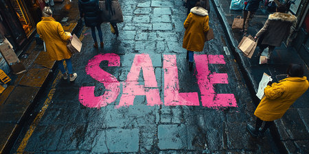 A close-up of a pink Sale inscription on the asphalt against a background of blurred people with colorful bags. The concept of discounts and sales.の素材