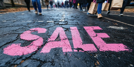 A close-up of a pink Sale inscription on the asphalt against a background of blurred people with colorful bags. The concept of discounts and sales.の素材