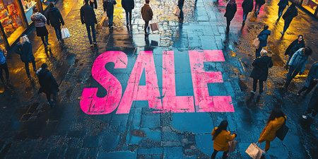 A close-up of a pink Sale inscription on the asphalt against a background of blurred people with colorful bags. The concept of discounts and sales.の素材