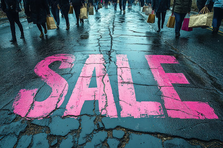 A close-up of a pink Sale inscription on the asphalt against a background of blurred people with colorful bags. The concept of discounts and sales.の素材