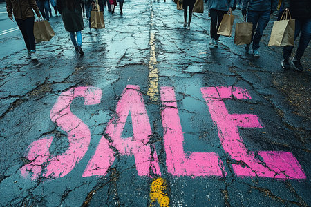 A close-up of a pink Sale inscription on the asphalt against a background of blurred people with colorful bags. The concept of discounts and sales.の素材