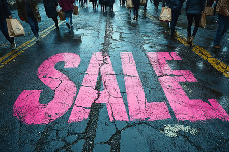 A close-up of a pink Sale inscription on the asphalt against a background of blurred people with colorful bags. The concept of discounts and sales.の素材