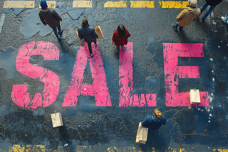 A close-up of a pink Sale inscription on the asphalt against a background of blurred people with colorful bags. The concept of discounts and sales.の素材