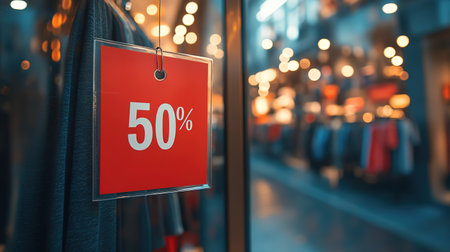Product discount sale 50% labels on the shelves in the mall,sale label.の素材