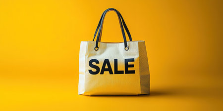 Black Friday, yellow kraft shopping bag with inscription Sale on yellow background. Black friday sale, discount, recycling, shopping and ecology concept. With copy space.の素材