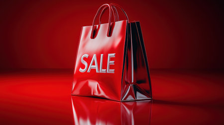 Black Friday, red kraft shopping bag with inscription Sale on red background. Black friday sale, discount, recycling, shopping and ecology concept. With copy space.の素材