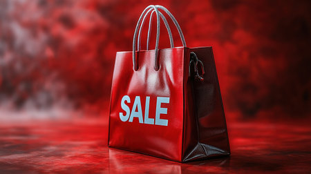Black Friday, red kraft shopping bag with inscription Sale on red background. Black friday sale, discount, recycling, shopping and ecology concept. With copy space.の素材