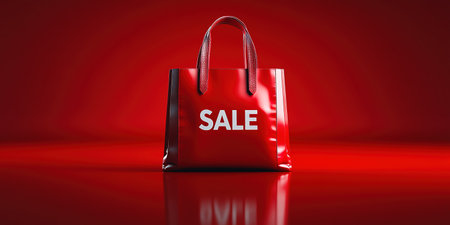 Black Friday, red kraft shopping bag with inscription Sale on red background. Black friday sale, discount, recycling, shopping and ecology concept. With copy space.の素材