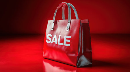 Black Friday, red kraft shopping bag with inscription Sale on red background. Black friday sale, discount, recycling, shopping and ecology concept. With copy space.の素材
