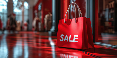Black Friday, red kraft shopping bag with inscription Sale on red background. Black friday sale, discount, recycling, shopping and ecology concept. With copy space.の素材