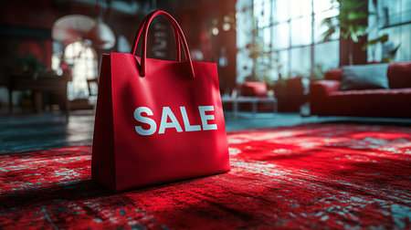 Black Friday, red kraft shopping bag with inscription Sale on red background. Black friday sale, discount, recycling, shopping and ecology concept. With copy space.の素材