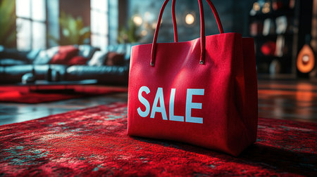 Black Friday, red kraft shopping bag with inscription Sale on red background. Black friday sale, discount, recycling, shopping and ecology concept. With copy space.の素材