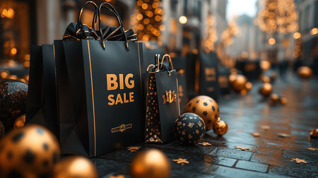 Black Friday, black and gold kraft shopping bag with inscription Big Sale on dark background. Black friday sale, discount, recycling, shopping and ecology concept. With copy space.の素材