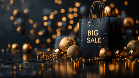 Black Friday, black and gold kraft shopping bag with inscription Big Sale on dark background. Black friday sale, discount, recycling, shopping and ecology concept. With copy space.の素材