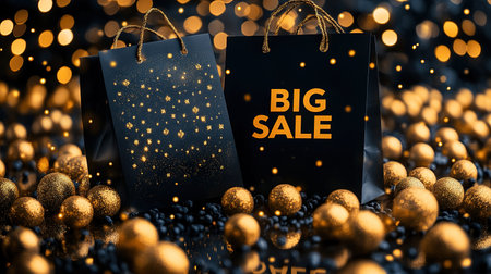 Black Friday, black and gold kraft shopping bag with inscription Big Sale on dark background. Black friday sale, discount, recycling, shopping and ecology concept. With copy space.の素材