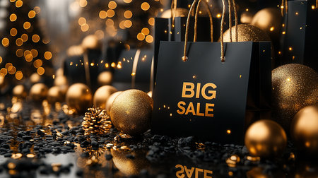Black Friday, black and gold kraft shopping bag with inscription Big Sale on dark background. Black friday sale, discount, recycling, shopping and ecology concept. With copy space.の素材