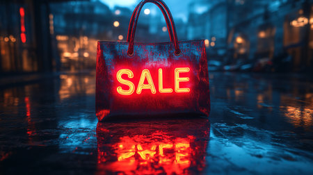 Hot sale. Red shopping bags in air on blue gradient background, space for text. Black Friday, red kraft shopping bag with inscription Sale on blue background. With copy space.の素材