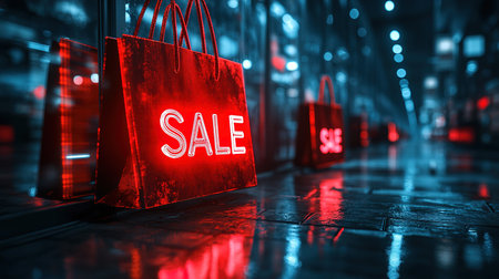 Hot sale. Red shopping bags in air on blue gradient background, space for text. Black Friday, red kraft shopping bag with inscription Sale on blue background. With copy space.の素材