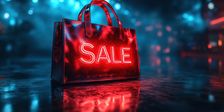 Hot sale. Red shopping bags in air on blue gradient background, space for text. Black Friday, red kraft shopping bag with inscription Sale on blue background. With copy space.の素材