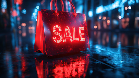 Hot sale. Red shopping bags in air on blue gradient background, space for text. Black Friday, red kraft shopping bag with inscription Sale on blue background. With copy space.の素材