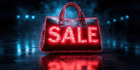 Hot sale. Red shopping bags in air on blue gradient background, space for text. Black Friday, red kraft shopping bag with inscription Sale on blue background. With copy space.の素材