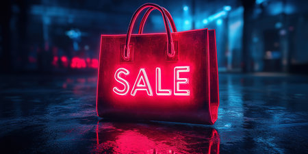 Hot sale. Red shopping bags in air on blue gradient background, space for text. Black Friday, red kraft shopping bag with inscription Sale on blue background. With copy space.の素材