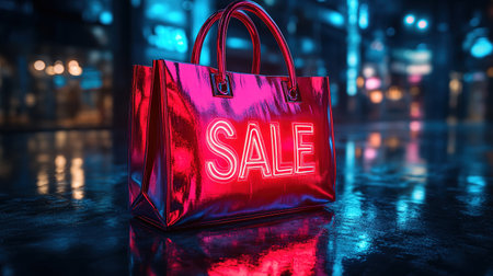 Hot sale. Red shopping bags in air on blue gradient background, space for text. Black Friday, red kraft shopping bag with inscription Sale on blue background. With copy space.の素材