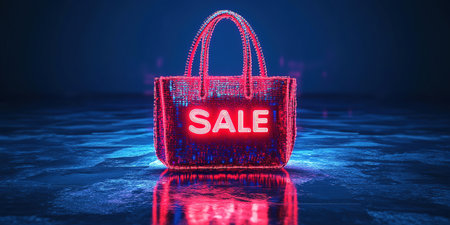 Hot sale. Red shopping bags in air on blue gradient background, space for text. Black Friday, red kraft shopping bag with inscription Sale on blue background. With copy space.の素材
