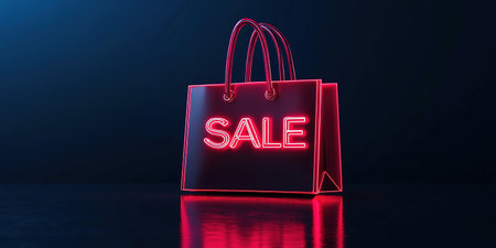 Hot sale. Red shopping bags in air on blue gradient background, space for text. Black Friday, red kraft shopping bag with inscription Sale on blue background. With copy space.の素材