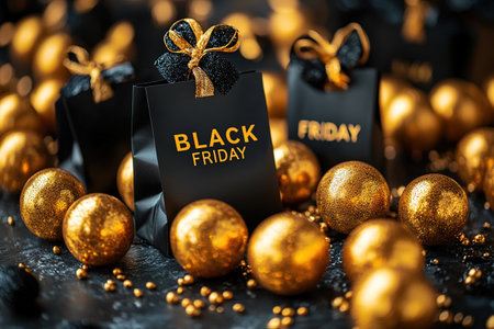 Black Friday, black and gold kraft shopping bag with inscription Black Friday on dark background. Black friday sale, discount, recycling, shopping and ecology concept. With copy space.の素材