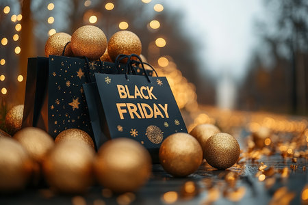 Black Friday, black and gold kraft shopping bag with inscription Black Friday on dark background. Black friday sale, discount, recycling, shopping and ecology concept. With copy space.の素材