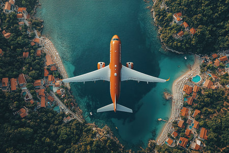 Airplane fly above beautiful nature landscape island, Tourism destination, Background for banner summer holiday vacation travel trip.の素材