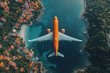 Airplane fly above beautiful nature landscape island, Tourism destination, Background for banner summer holiday vacation travel trip.の素材