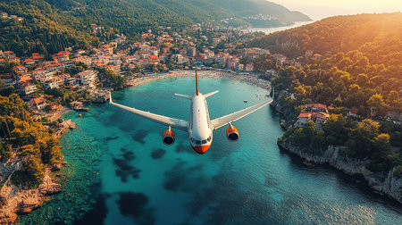 Airplane fly above beautiful nature landscape island, Tourism destination, Background for banner summer holiday vacation travel trip.の素材