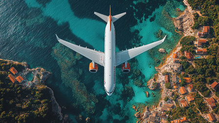 Airplane fly above beautiful nature landscape island, Tourism destination, Background for banner summer holiday vacation travel trip.の素材