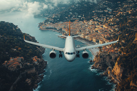 Airplane fly above beautiful nature landscape island, Tourism destination, Background for banner summer holiday vacation travel trip.の素材