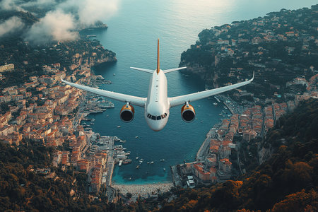Airplane fly above beautiful nature landscape island, Tourism destination, Background for banner summer holiday vacation travel trip.の素材